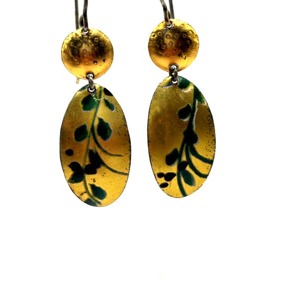 Iridescent Gold Tone Earrings with Abstract Green Design - Picture 4 of 8